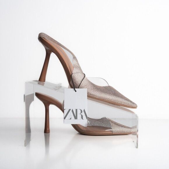 Zara Womens Rose Gold Rhinestone D'Orsay Heels Pumps Vinyl US 6 EU 36 NWT - Picture 7 of 8